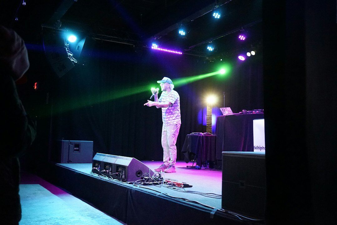 Multi-camera live show set with stage lighting